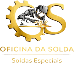 Logo da Oficina da Solda: um soldador em ação dentro das letras G e S formadas por uma engrenagem dourada
